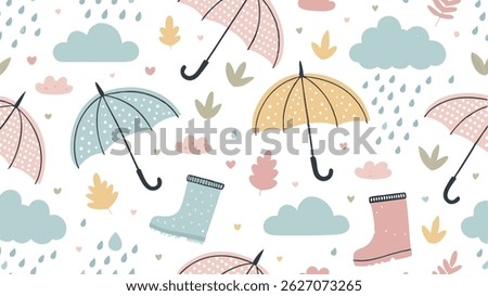 A single seamless vector icon depicting rainy weather elements like umbrellas, rain clouds, and raindrops.