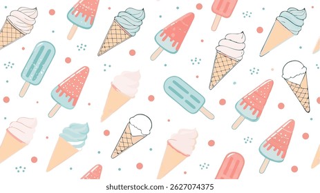 A single seamless vector pattern featuring ice cream cones and pops, ideal for various design projects.