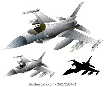 Single seat single engine jet fighter image illustration (monotone, black silhouette set)