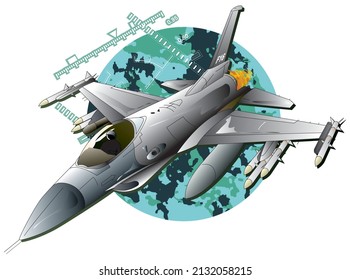 Single seat, single jet engine fighter aircraft "F-16 "Fighting Falcon" illustration with camo background.