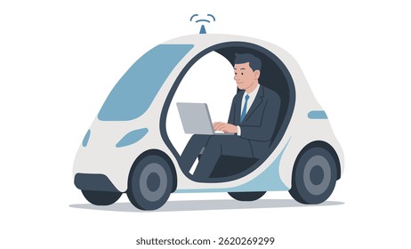 single seat self-driving car, automatic vehicle, autonomous driving, businessman using laptop	
