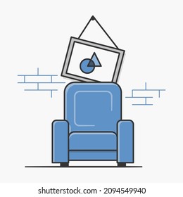 Un sofá de un solo asiento frente a una pared y un cuadro colgado en la pared. Ilustración de estilo plano. Aislado.