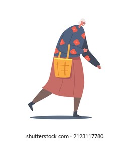 Single Senior Female Character Wear Blouse and Brown Skirt Walk with Handbag Isolated on White Background. Mature Positive Woman, Grandmother, Aged Happy Person. Cartoon People Vector Illustration