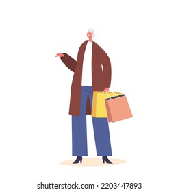 Single Senior Female Character Wear Trendy Clothes Holding Shopping Bags Isolated On White Background. Mature Positive Woman, Grandmother, Aged Happy Person. Cartoon People Vector Illustration