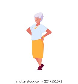 Single Senior Female Character Wear Blouse and Skirt Isolated on White Background. Mature Positive Grandmother, Aged Happy Person. Woman Stages of Growth. Cartoon People Vector Illustration