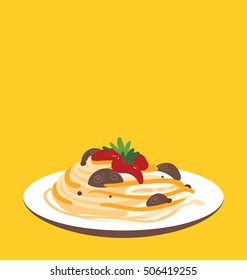 Single serving of the organic pasta with tomato sauce.
Bright yellow background behind tasty meal.
Big copy space on the top of the image. 