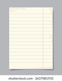 A single sheet of lined vintage notebook paper with faded edges and a red margin line, set on a plain grey background. Concept of stationery and writing. Vector illustration