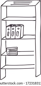 Single shelf with folders on a white background, hand drawing. Rack for home or office, Isolated object. For a website, card, print, cover, design.