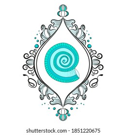 Single shell in a frame. Spiral. Victorian era, beautiful frame. Blue color of the composition. Isolated white background.