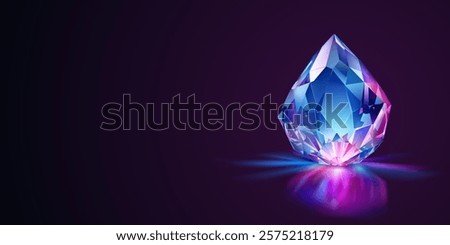 Single, shiny, blue and purple crystal with facets that catch and refract the light, set against a dark background.
