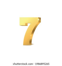 Single shiny metallic golden seven number or digit mockup, realistic vector illustration isolated on white background. Gold typography font figure 7 symbol or icon.