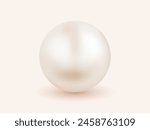 Single shiny natural white sea pearl with light effects isolated on light background. Vector illustration. 3D pearl ball