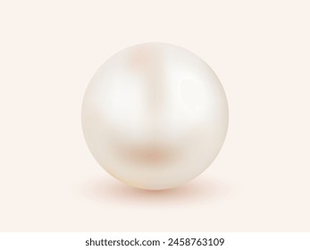 Single shiny natural white sea pearl with light effects isolated on light background. Vector illustration. 3D pearl ball