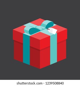 Single shiny red present / gift boxes with blue green ribbon bow & white tag label flat design. Isometric illustration interface element for app ui ux web banner vector isolated on white background