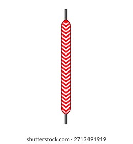 Um único cadarço com um padrão de divisa vermelho e branco vívido, completo com golas escuras, isolado contra um fundo branco limpo, representando acessórios de calçado