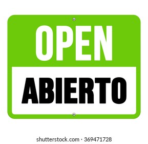 Single sign in black letters over green and white text as open translated from abierto in Spanish