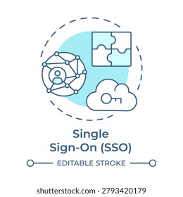 Single sign on soft blue concept icon. Digital authentication solutions. Cybersecurity infrastructure. Round shape line illustration. Abstract idea. Graphic design. Easy to use in booklet