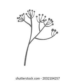 Single silhouette of branch with berry and grunge texture. Vector hand drawn illustration of plant part silhouette in doodle style, isolated on white background.