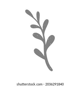 Single silhouette of branch with leaves and grunge texture. Vector hand drawn illustration of leaf silhouette in doodle style, isolated on white background.