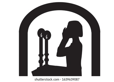 A single silhouette of an Orthodox Jewish woman lit Shabbat candles. The mother covers her eyes with her hands. And in front of it a pair of candlesticks with lit candles.
within a Jerusalem window