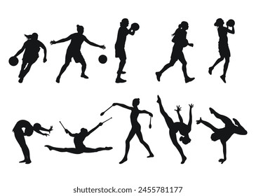 Single silhouettes of women's sports. Basketball, gymnastics. Isolated vector