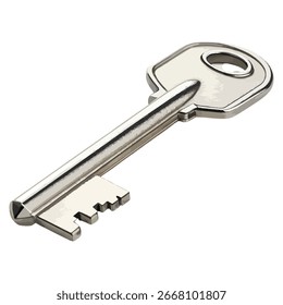 Llave de plata única en el fondo blanco Palabras claves: llave, plata, metal, metálico, seguridad, unlock