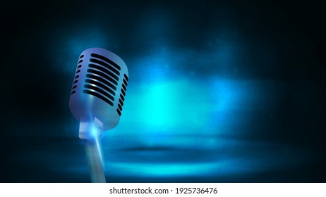 Single silver old school broadcast microphone on background with dark and blue empty scene. Poster with microphone and copy space