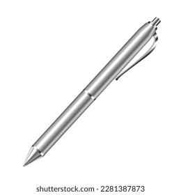 Single silver pen. Stationery for writing, business, classic 3d shiny pen illustration