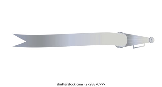 A single silver ribbon with a V-shaped end and a metal clip on the other side, isolated on a white background.