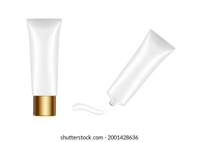 Single silver tube with gold cap. Cream splash. Serum or ointment. Gel. Vector illustration isolated on a white background. 3d mockup