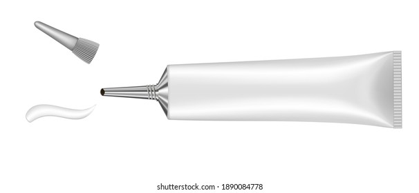 Single silver tube with long nozzle. Cream splash. Serum or ointment. Gel. Vector illustration isolated on a white background.