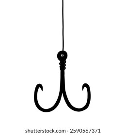 Single Simple Fish Hook with Line Black Silhouette. Fishing Lure Bait. Doodle Vector Illustration