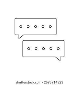 Un único icono de contorno simple con dos burbujas de voz separadas y desconectadas, lo que implica un flujo de conversación o múltiples intercambios de mensajes.