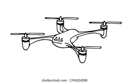 single simple postal drone, modern air digital  machine for delivering & surveillance, vector illustration with black contour lines isolated on a white background in a hand drawn style