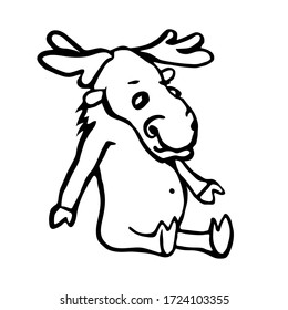 single sitting cute funny elk with horns, vector illustration with black ink contour lines isolated on a white background in doodle & hand drawing style