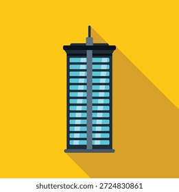 Single skyscraper is standing tall with many windows against a bright yellow background