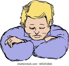 Single sleeping European man with eyes closed and chin on arms over white
