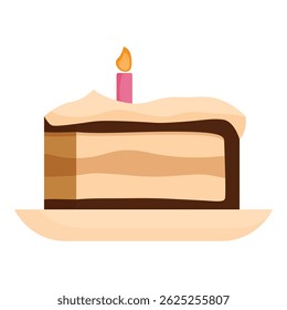 Single slice of birthday cake with burning candle on a plate