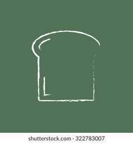 Single slice of bread hand drawn in chalk on a blackboard vector white icon isolated on a green background.