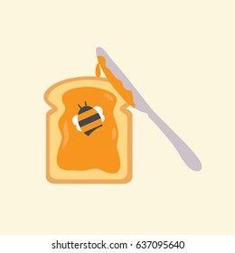 single Slice of bread vector simple flat design style modern. toast with a tasty sweet honey spread cartoon isolated. Knife spreading toast & one little bee stuck in the honey. happy new year 