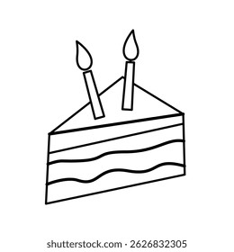 A single slice of cake with two candles, perfect for smaller celebrations. Line Art Style Icon Illustration