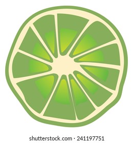 A single slice of the citrus fruit lime, a single slice of green lime fruit.