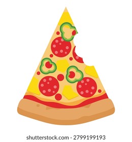 A single slice of pepperoni pizza topped with melted cheese and green bell peppers, with a bite taken out.