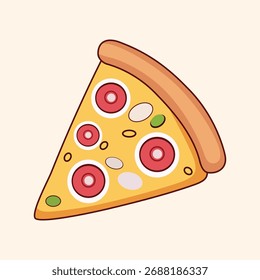 Fatia Única De Pizza Com Toppings Cartoon Flat Vetor