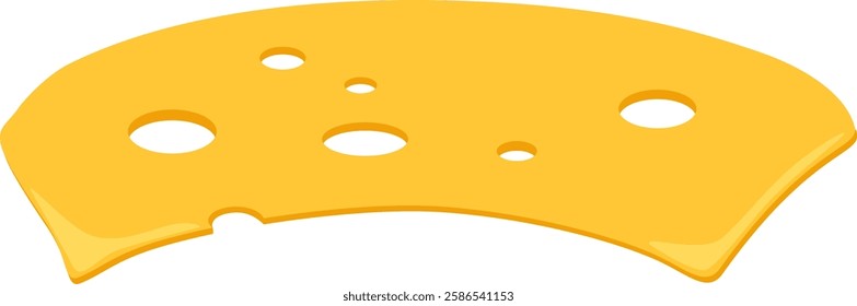 Single slice of swiss cheese with characteristic holes is partially eaten, featuring a bite mark, isolated on a white background, representing concepts of food, dairy products, and snacks