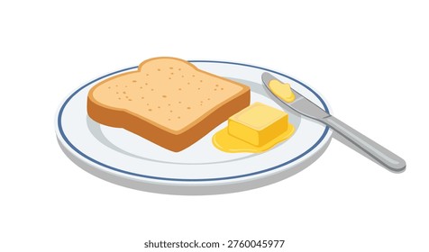 Single slice of toasted bread with a piece of melting butter on a white plate with a blue rim and a butter knife.