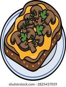 Single slice of toasted bread topped with sauteed mushrooms and melting cheese vector illustration on white plate
