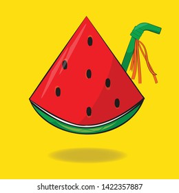 Single slice of watermelon on the yellow background. Vector illustration.