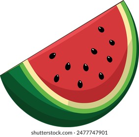 Single slice of watermelon showing the red flesh, black seeds, green rind and juicy texture