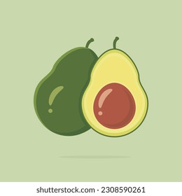 Single and sliced ​​avocado vector. Green color ripe avocado fruit illustration designed in flat cartoon style. Persea americana.